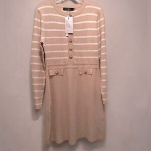 NWT Women's Long Sleeve Tan/ White Striped Button Crew Neck Sweater Dress M